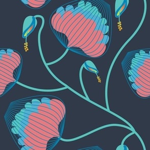 Trailing  Fantasy Basket Florals in muted acquatic blue, turquoise and coral on french navy 9in