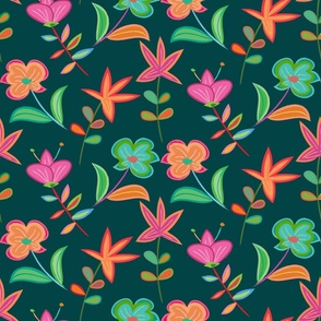 Alien Flora Day - Multi-Coloured Flowers on Warm Teal