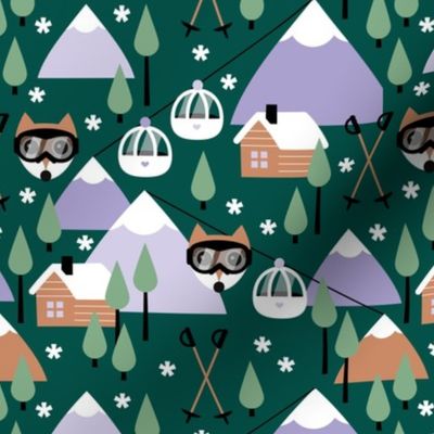 Winter adventures - Woodland fox with wooden cabins pine trees ski lift and slopes and winter snowflakes lilac purple sage caramel burnt orange on pine green