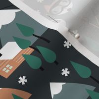 Winter adventures - Woodland fox with wooden cabins pine trees ski lift and slopes and winter snowflakes gray mist green pine caramel on charcoal