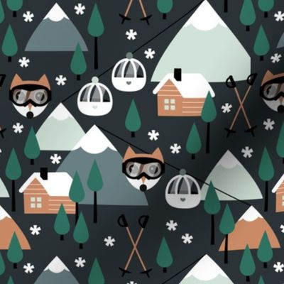 Winter adventures - Woodland fox with wooden cabins pine trees ski lift and slopes and winter snowflakes gray mist green pine caramel on charcoal