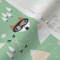 Winter adventures - Foxes and bears with retro ski goggles mountains pine trees snowflakes skies and moon design for kids burnt orange sand on mint green