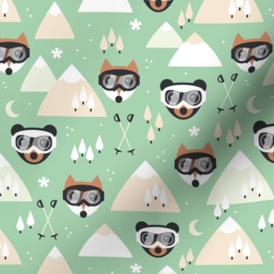 Winter adventures - Foxes and bears with retro ski goggles mountains pine trees snowflakes skies and moon design for kids burnt orange sand on mint green