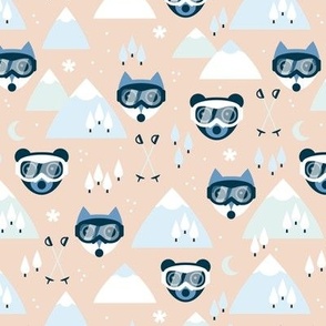 Winter adventures - Foxes and bears with retro ski goggles mountains pine trees snowflakes skies and moon design for kids light blue white on blush sand