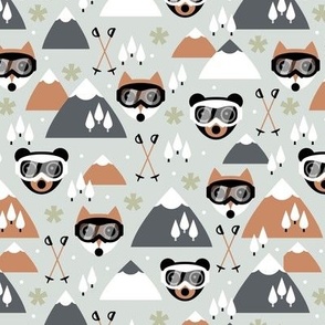 Winter adventures - Foxes and bears with retro ski goggles mountains pine trees snowflakes skies and moon design for kids burnt orange olive charcoal on mist