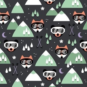 Winter adventures - Foxes and bears with retro ski goggles mountains pine trees snowflakes skies and moon design for kids burnt orange mint white lilac on charcoal gray