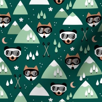 Winter adventures - Foxes and bears with retro ski goggles mountains pine trees snowflakes skies and moon design for kids burnt orange mint green blush on pine
