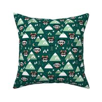 Winter adventures - Foxes and bears with retro ski goggles mountains pine trees snowflakes skies and moon design for kids burnt orange mint green blush on pine