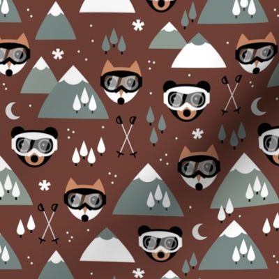 Winter adventures - Foxes and bears with retro ski goggles mountains pine trees snowflakes skies and moon design for kids burnt orange gray on sienna seventies vintage palette