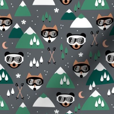 Winter adventures - Foxes and bears with retro ski goggles mountains pine trees snowflakes skies and moon design for kids burnt orange green pine blush on charcoal gray