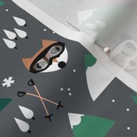 Winter adventures - Foxes and bears with retro ski goggles mountains pine trees snowflakes skies and moon design for kids burnt orange green pine blush on charcoal gray
