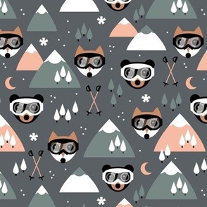 Winter adventures - Foxes and bears with retro ski goggles mountains pine trees snowflakes skies and moon design for kids burnt orange blush gray on charcoal night
