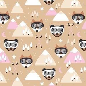 Winter adventures - Foxes and bears with retro ski goggles mountains pine trees snowflakes skies and moon design for kids burnt orange pink sand beige tan vintage girls palette