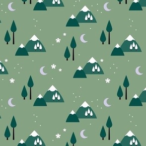 Winter adventures - Retro style minimalist mountains and pine trees landscape moon and snowflakes seasonal winter design pine lilac white on sage green