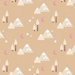 Winter adventures - Retro style minimalist mountains and pine trees landscape moon and snowflakes seasonal winter design beige sand pink latte beige cream
