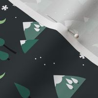 Winter adventures - Retro style minimalist mountains and pine trees landscape moon and snowflakes seasonal winter design pine green lime on charcoal gray
