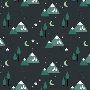 Winter adventures - Retro style minimalist mountains and pine trees landscape moon and snowflakes seasonal winter design pine green lime on charcoal gray
