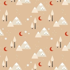 Winter adventures - Retro style minimalist mountains and pine trees landscape moon and snowflakes seasonal winter design red sand blush on tan beige