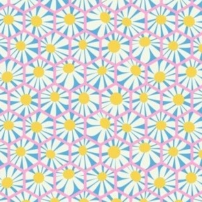 hexagon daisies sky blue  pink happy - small