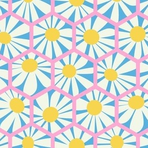 hexagon daisies sky blue  pink happy -  medium