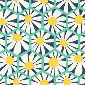 hexagon daisies  blue  mint happy -  medium