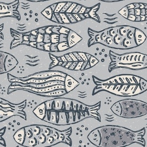 Hand Painted Patterned Fish in Light Grey and White (Large)