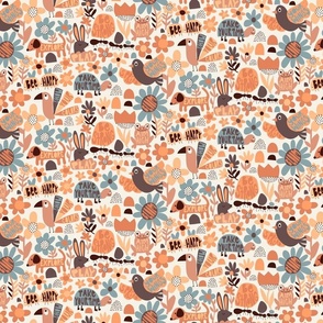 Playful Meadow: V3 Cute Happy Animals Folk Abstract Florals Groovy Folksy 70s Inspirational Retro Flowers - Small