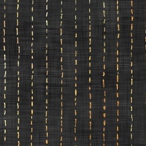 Handdrawn Pinstripe in Dark Charcoal and Gold  | Dark gray dashed pinstripe fabric for shirt dress, jacket, apparel in black and gold, kantha, sashiko stitches on soft black.