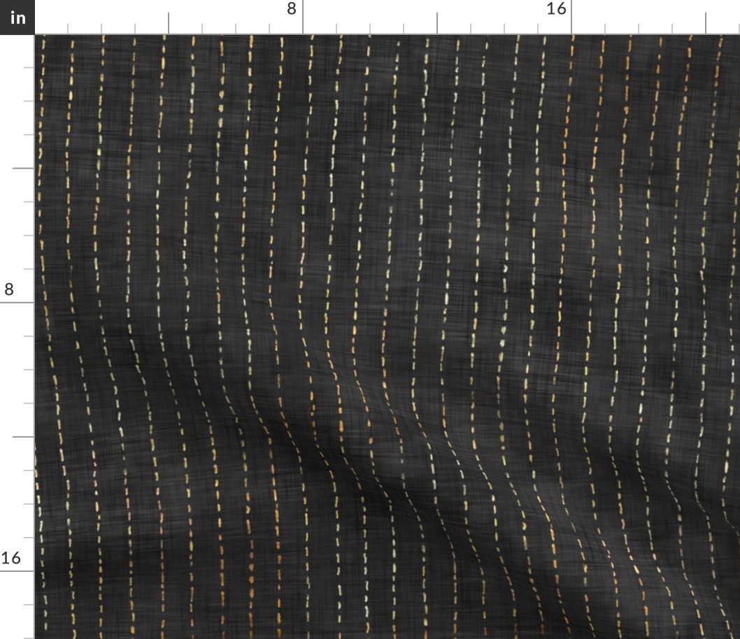 Handdrawn Pinstripe in Dark Charcoal and Gold  | Dark gray dashed pinstripe fabric for shirt dress, jacket, apparel in black and gold, kantha, sashiko stitches on soft black.