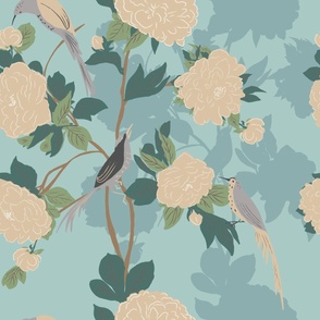 Song bird and large peony flowers chinoiserie//Blue beige//Extra large//Spring 