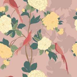 Song bird and large peony flowers chinoiserie//dusty pink, gold//Extra large//Spring 