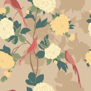 Song bird and large peony flowers chinoiserie//beige, gold//Extra large//Spring 