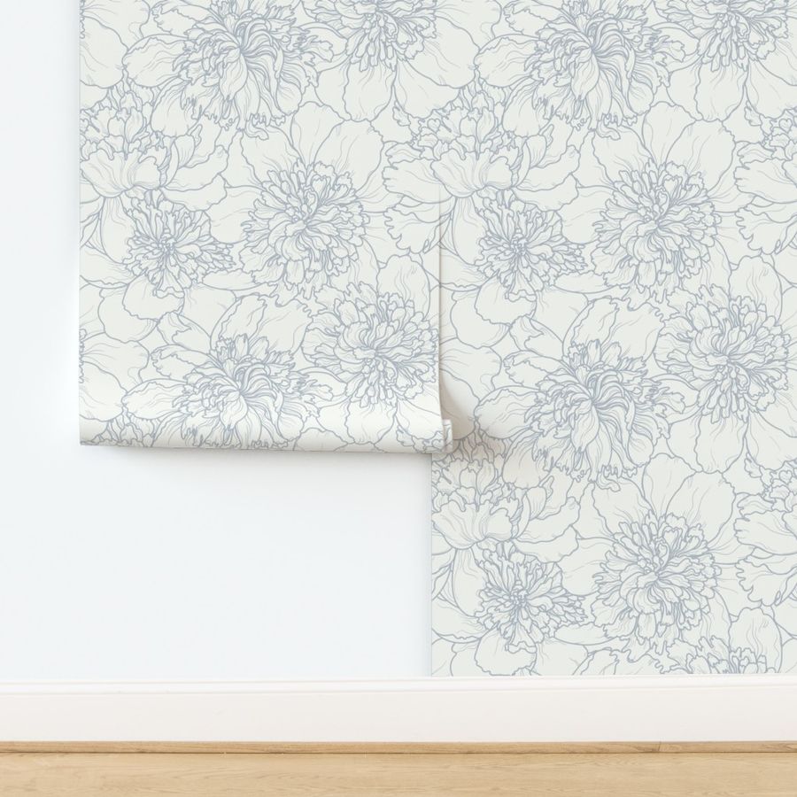 Peony Petals Silver Sand Grey Ivory Large Scale