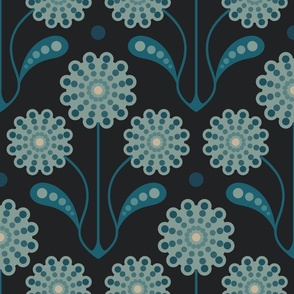 ANEMONE Retro Vintage Mid-Century Modern Floral Botanical in Cozy Teal Powder Blue Cream Midnight Blue-Black - LARGE Scale - UnBlink Studio by Jackie Tahara