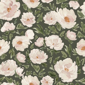 Jumbo - Giant Creamy Watercolour Florals - Army Green