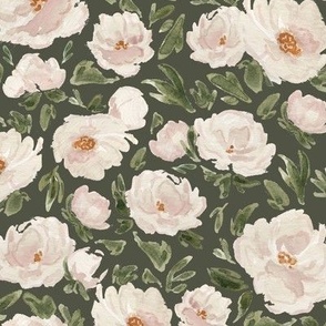 Medium - Cream Watercolour Florals - Army Green