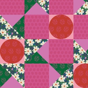 Molly's patchwork  cheater quilt - pink (Larger 5"squares) - Green, pinks and red this  quilt design with florals and dappled circles.