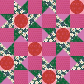 Molly's patchwork  cheater quilt - pink (smaller 2.5"squares) - Green, pinks and red this  quilt design with florals and dappled circles with star shapes.