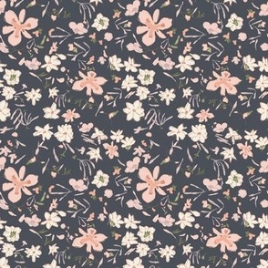 Romantic Sketchy Loose Floral in White and Rose  Pink on Navy Blue