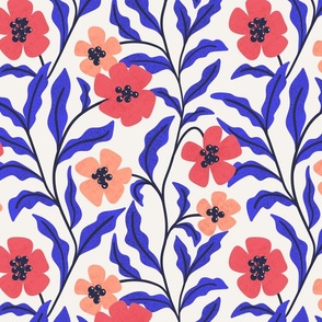 Bold Floral Botanical in Royal Blue, Coral Red and Peachy Orange