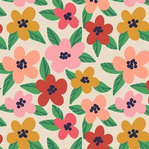 Fun Floral in Pink, Red, Peach, and Yellow on Cream Background
