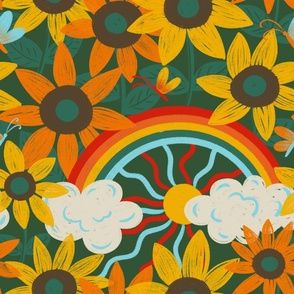 (L) Retro vintage sunflowers and rainbow garden