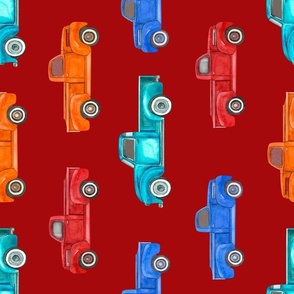 Large Scale Rotated Colorful Vintage Trucks on Dark Red