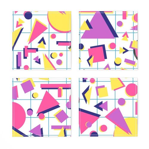 XL 80s Memphis Style Bright Pink and Blue Geometric Graphic Grid with Circles, Squares and Triangles on White