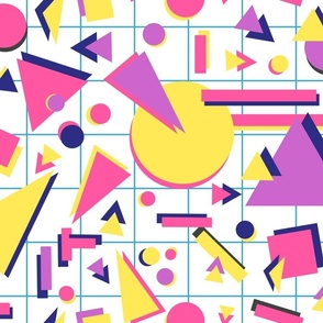 XL 80s Memphis Style Bright Pink and Blue Geometric Graphic Grid with Circles, Squares and Triangles on White