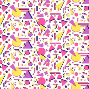 Small 80s Memphis Style Bright Pink, Yellow and Purple Geometric of Circles, Squares and Triangles on White