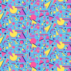 Small 80s Influenced Bright Blue and Pink Geometric Memphis Style Graphic Grid with Circles, Squares and Triangles