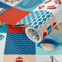 One Yard Nautical Cheater Quilt // 1 Yard Quilt // Sailboat, Lighthouse,  Buoys, Anchor,  Boat Steering Wheel, Seashell,  Fish,  Seagulls, Shells, Whale // Large Scale - 300 DPI