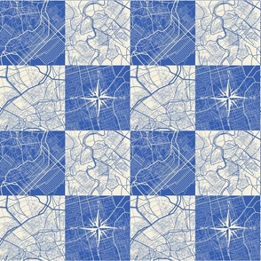 Deep Blue and Cream Map in Checkerboard meets Chinoise Toile Style