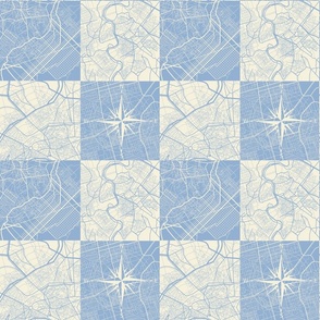 Blue and Cream Map in Checkerboard meets Chinoise Toile Style